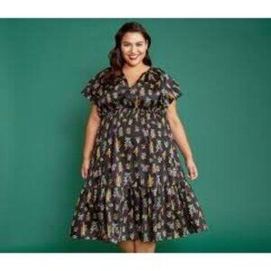 ModCloth Black Floral Flutter Sleeve Midi Dress‎ 4X